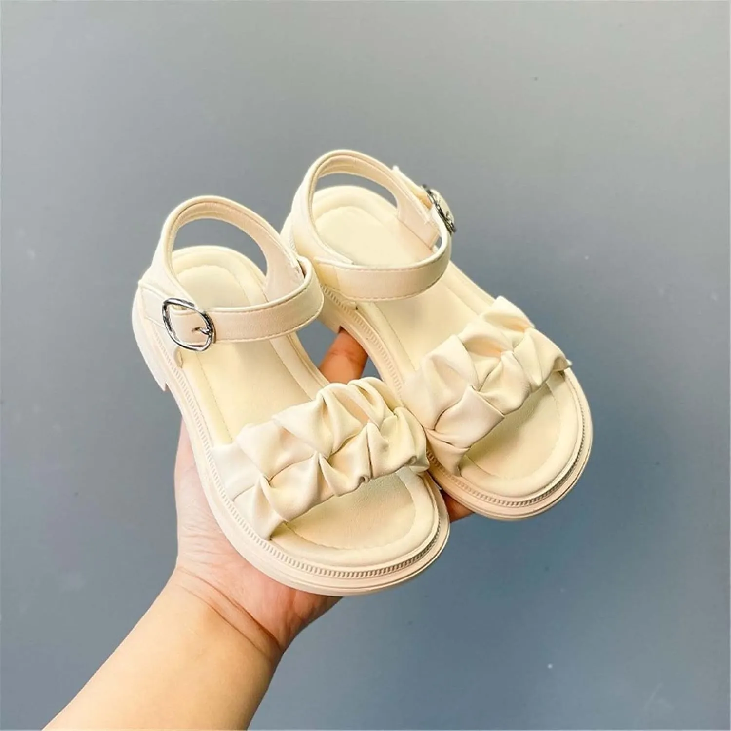 Girls Sandals Open Air Pleated Design Princess Shoes Dress Flat Shoes Casual Fashion for Little Child Baby Shoes Size 5 (Beige, 3 Big Kids)