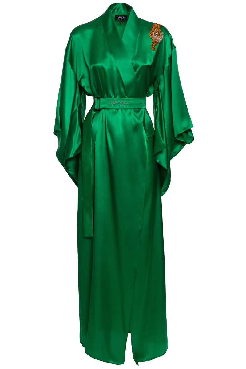 Green Pure Silk Front embroidery Urban Kimono