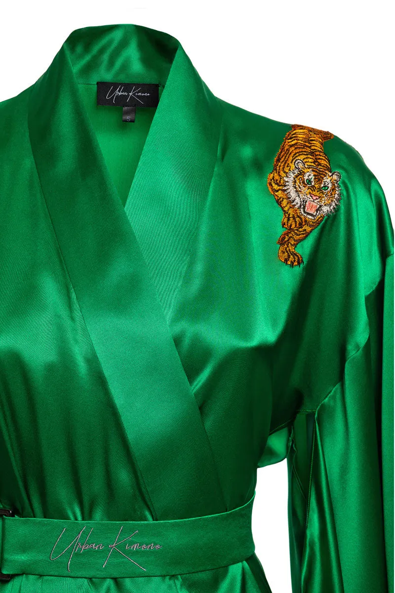 Green Pure Silk Front embroidery Urban Kimono