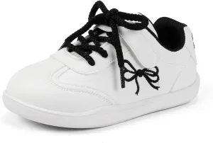 Kids Athletic Sneakers, White with Black Bow Design, Lace-up Casual Shoes