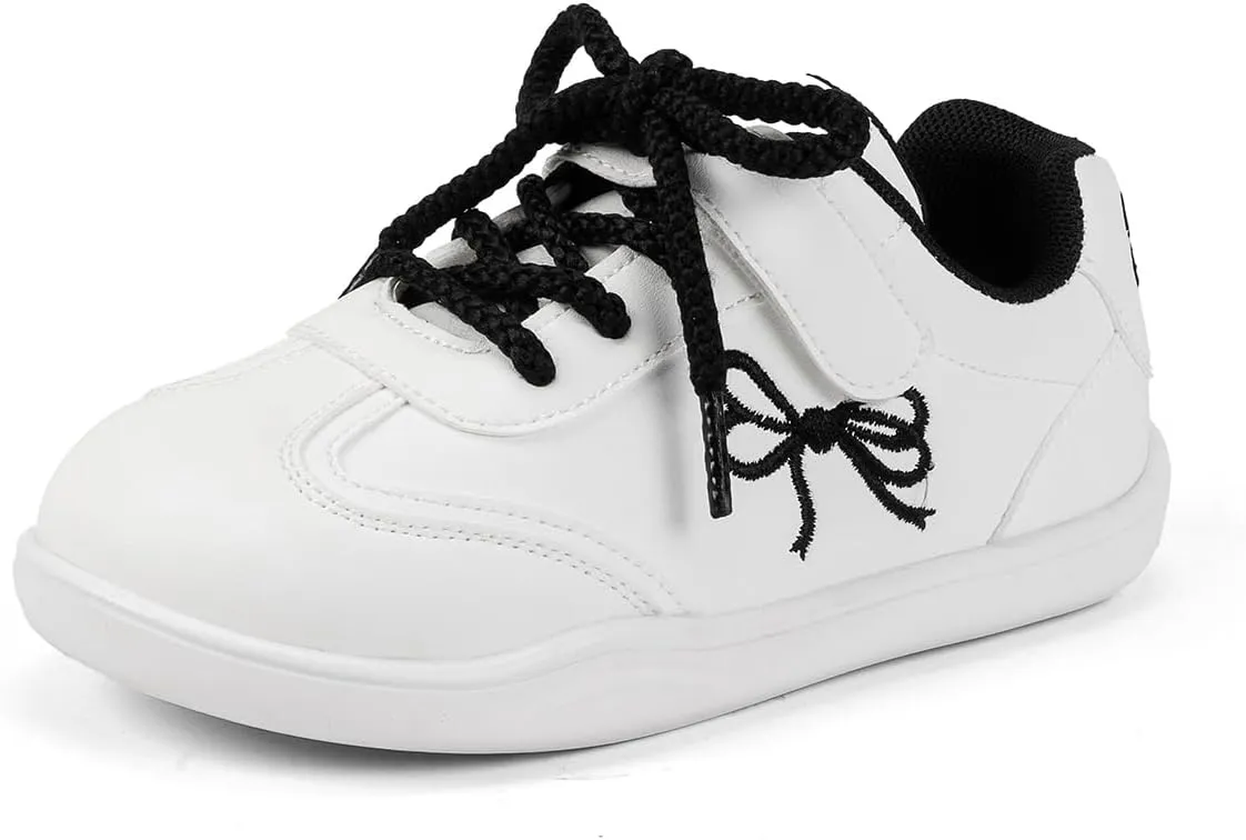 Kids Athletic Sneakers, White with Black Bow Design, Lace-up Casual Shoes