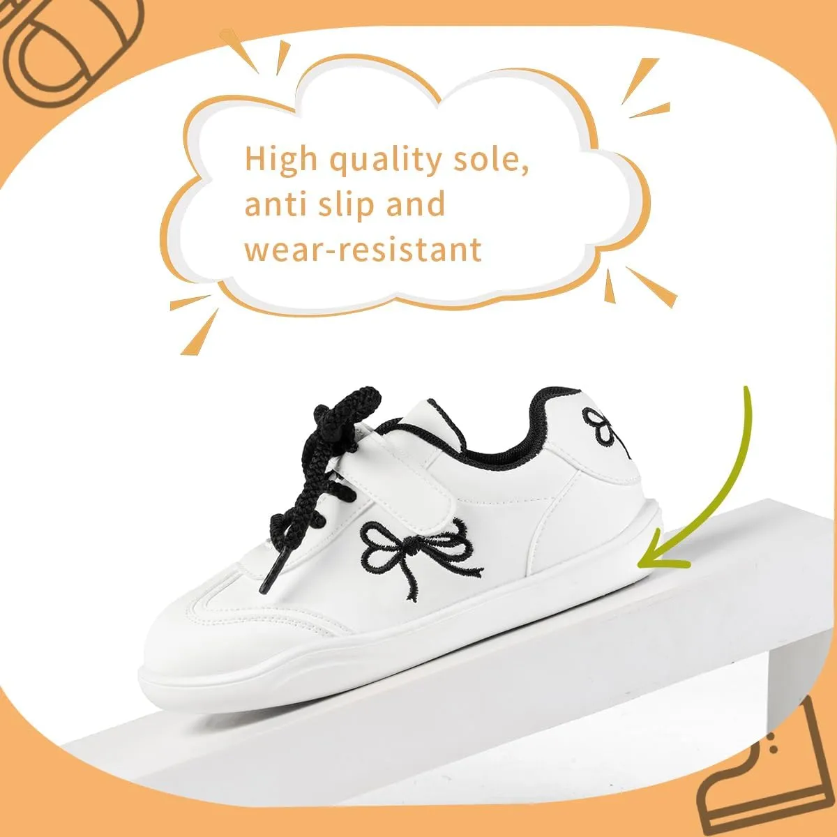 Kids Athletic Sneakers, White with Black Bow Design, Lace-up Casual Shoes