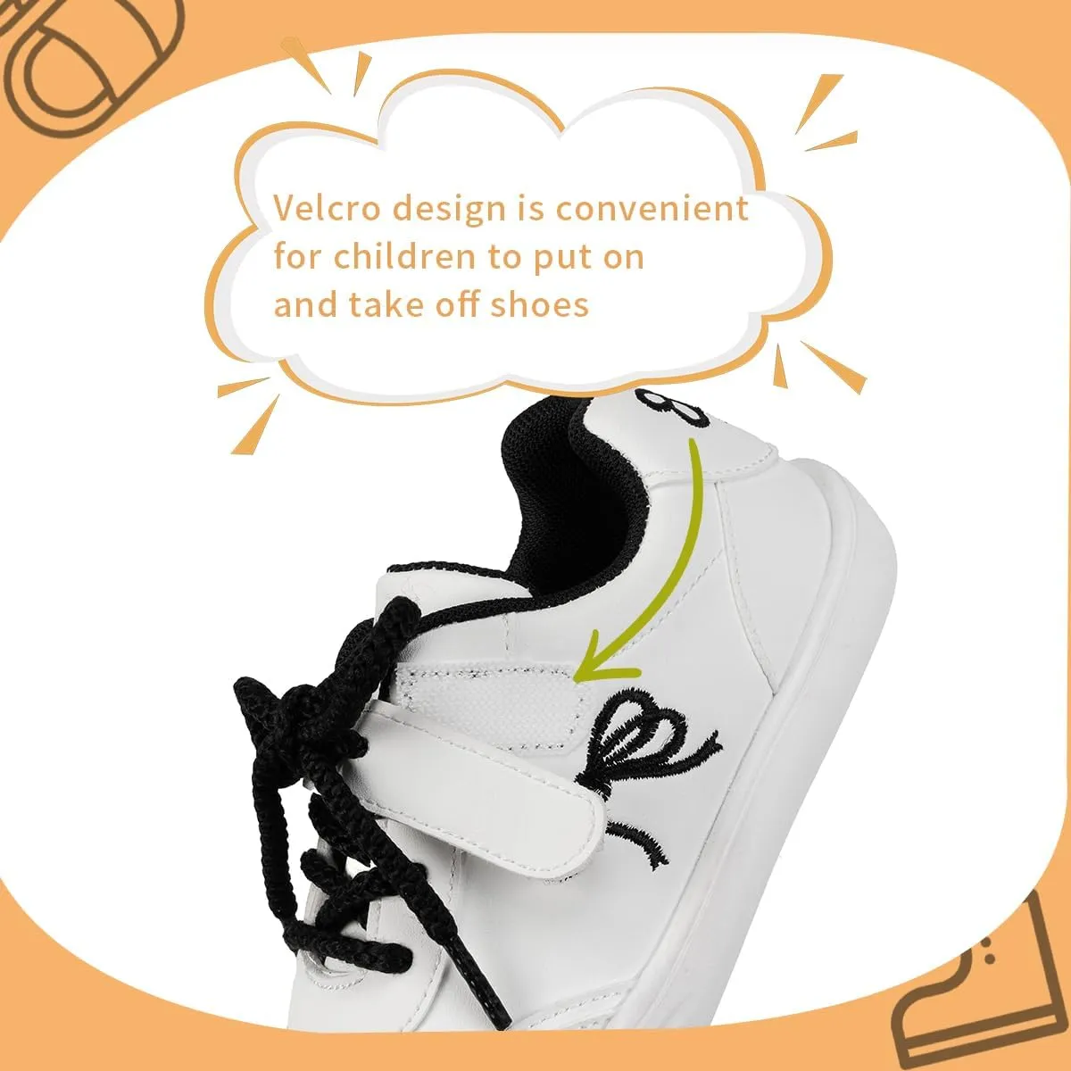 Kids Athletic Sneakers, White with Black Bow Design, Lace-up Casual Shoes