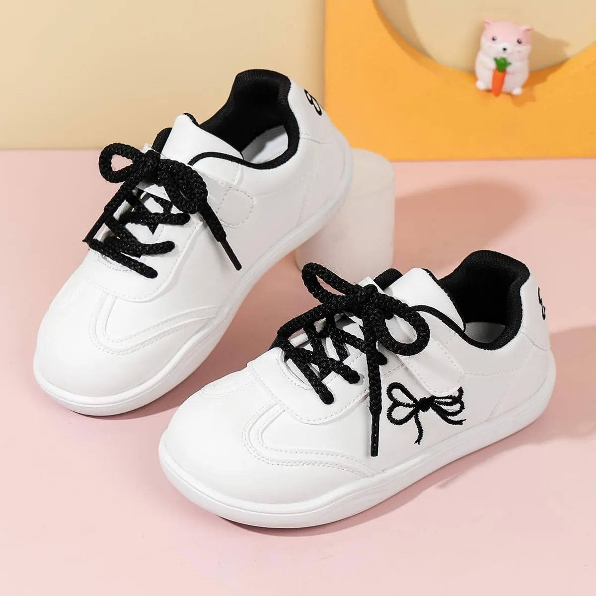 Kids Athletic Sneakers, White with Black Bow Design, Lace-up Casual Shoes