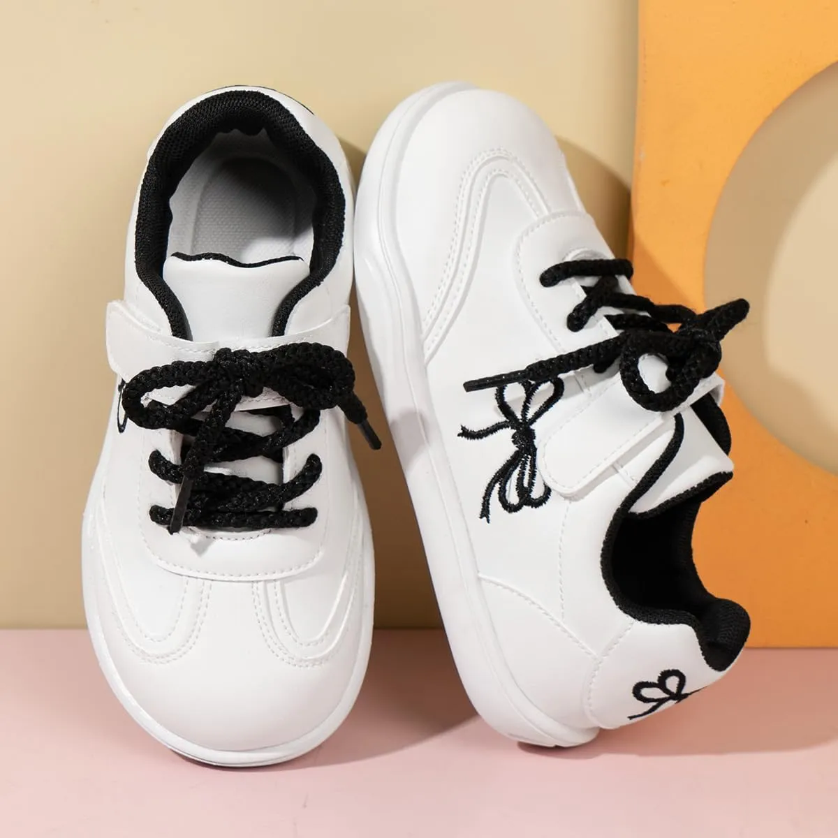 Kids Athletic Sneakers, White with Black Bow Design, Lace-up Casual Shoes