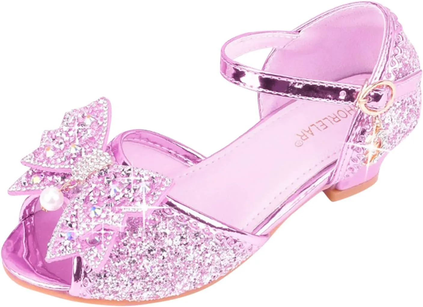 Kids Girls Bow Sequins Pearl Ankle Sandals Dance Party Birthday Open Toe High Heel Shoes Fancy Pageant