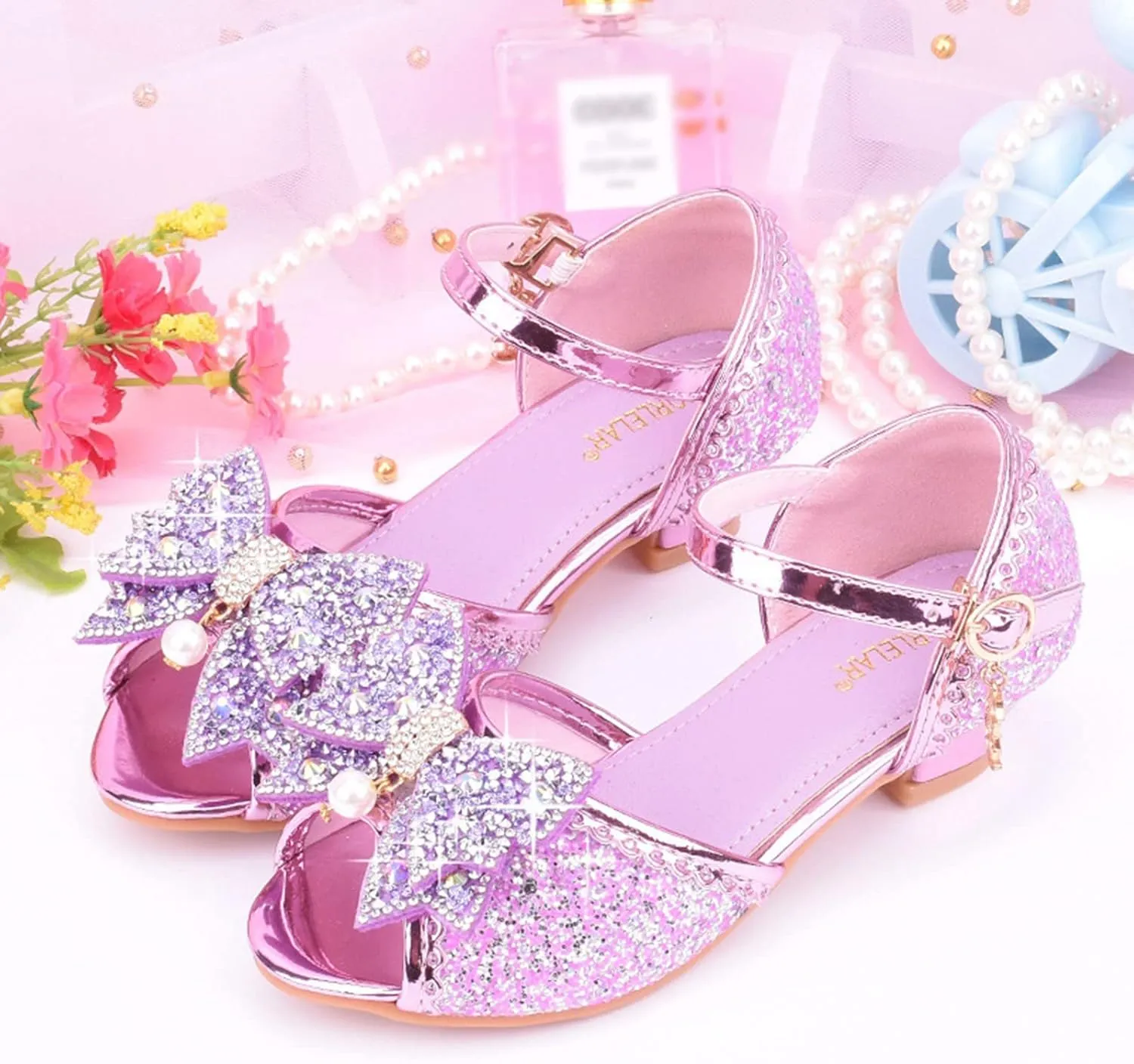 Kids Girls Bow Sequins Pearl Ankle Sandals Dance Party Birthday Open Toe High Heel Shoes Fancy Pageant