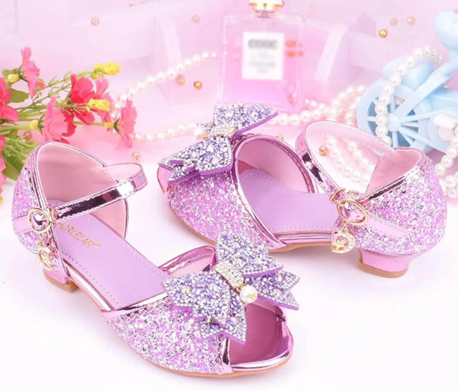 Kids Girls Bow Sequins Pearl Ankle Sandals Dance Party Birthday Open Toe High Heel Shoes Fancy Pageant
