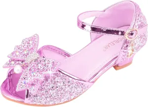 Kids Girls Bow Sequins Pearl Ankle Sandals Dance Party Birthday Open Toe High Heel Shoes Fancy Pageant