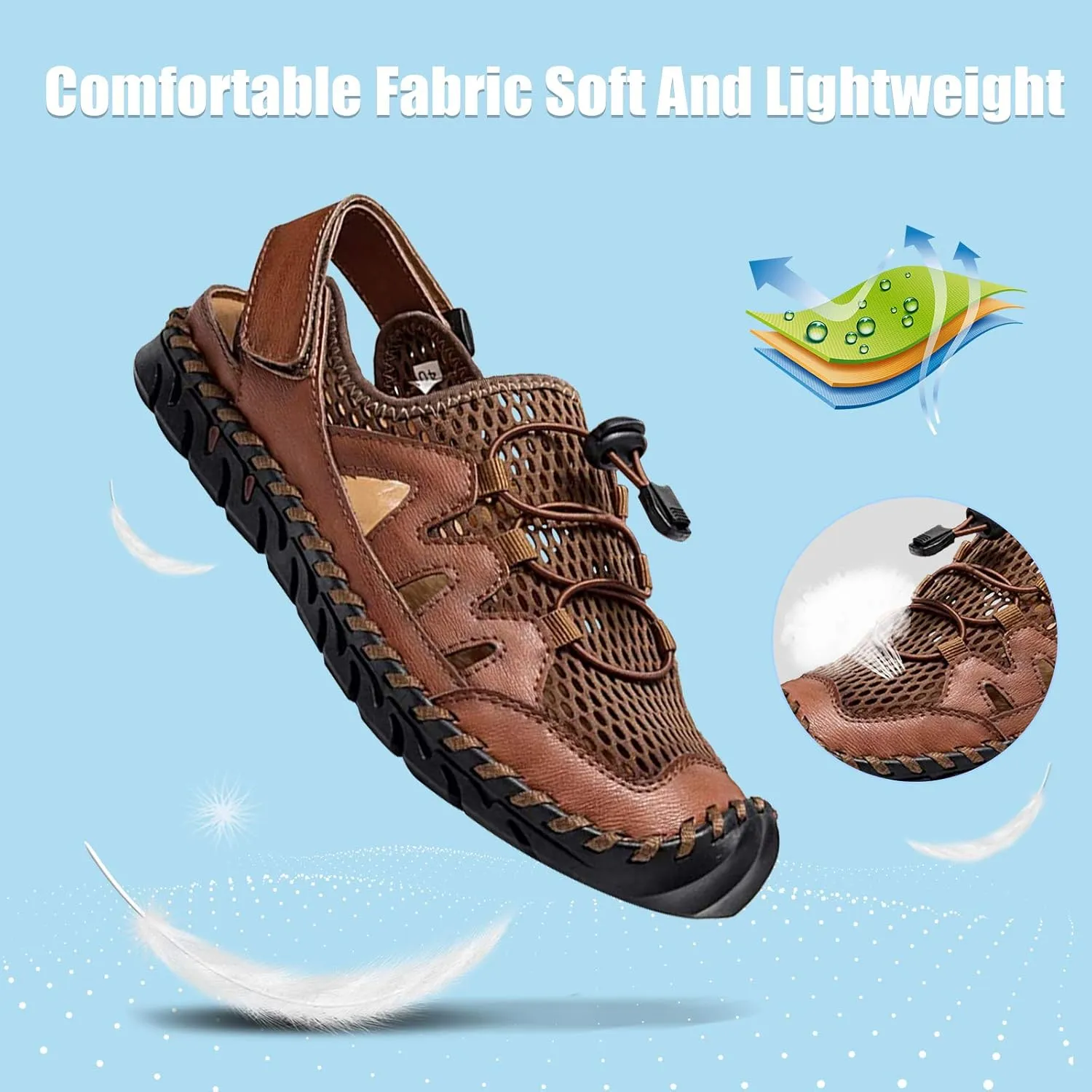 Men's Sandals, Summer Leather Fisherman Beach Shoes Closed Toe Sandals for Men Handmade Breathable Water Sandals Outdoor Non Slip Walking Shoes Anti Collision Comfort Hiking Athletic Slides Sandals