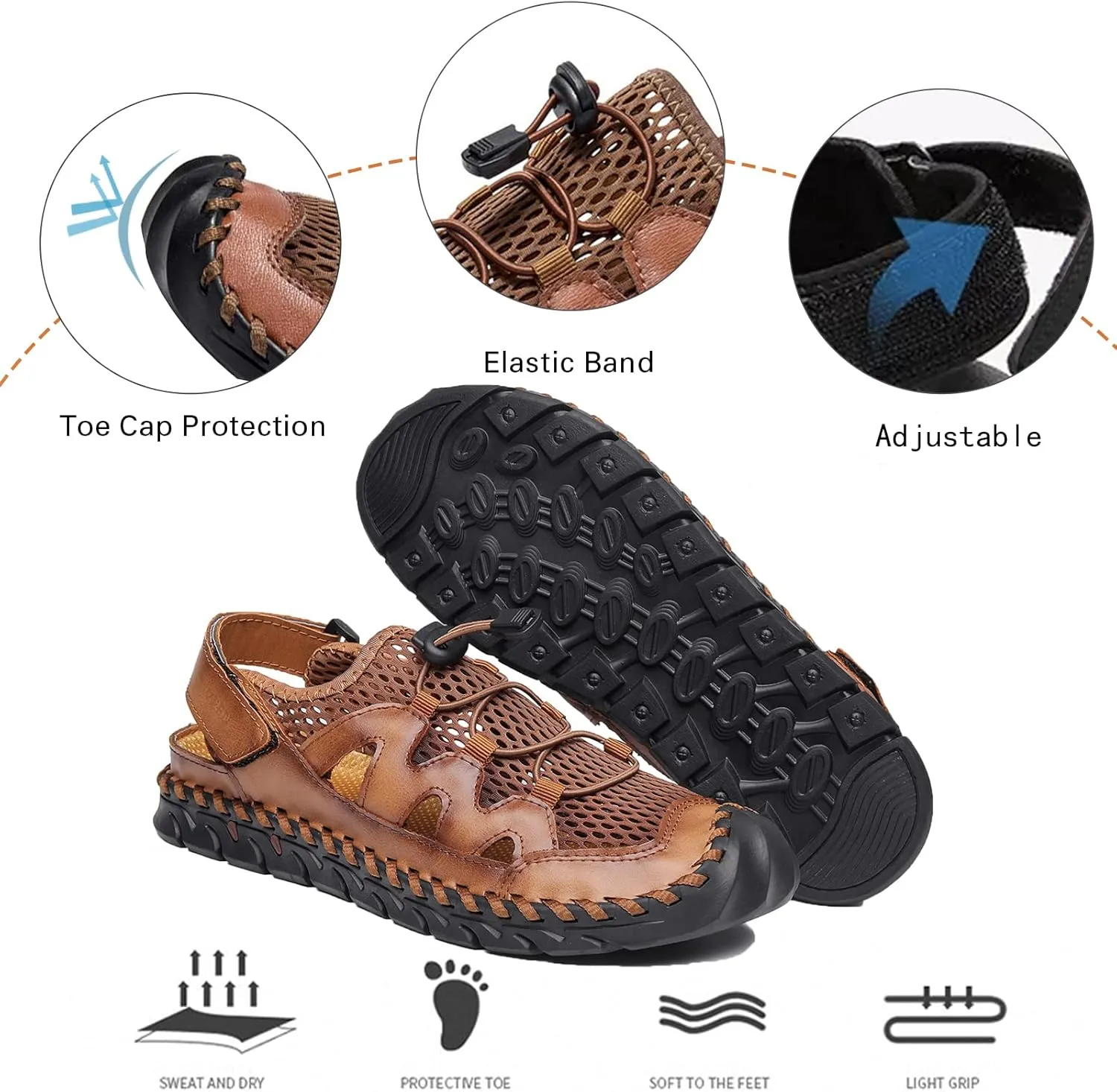 Men's Sandals, Summer Leather Fisherman Beach Shoes Closed Toe Sandals for Men Handmade Breathable Water Sandals Outdoor Non Slip Walking Shoes Anti Collision Comfort Hiking Athletic Slides Sandals