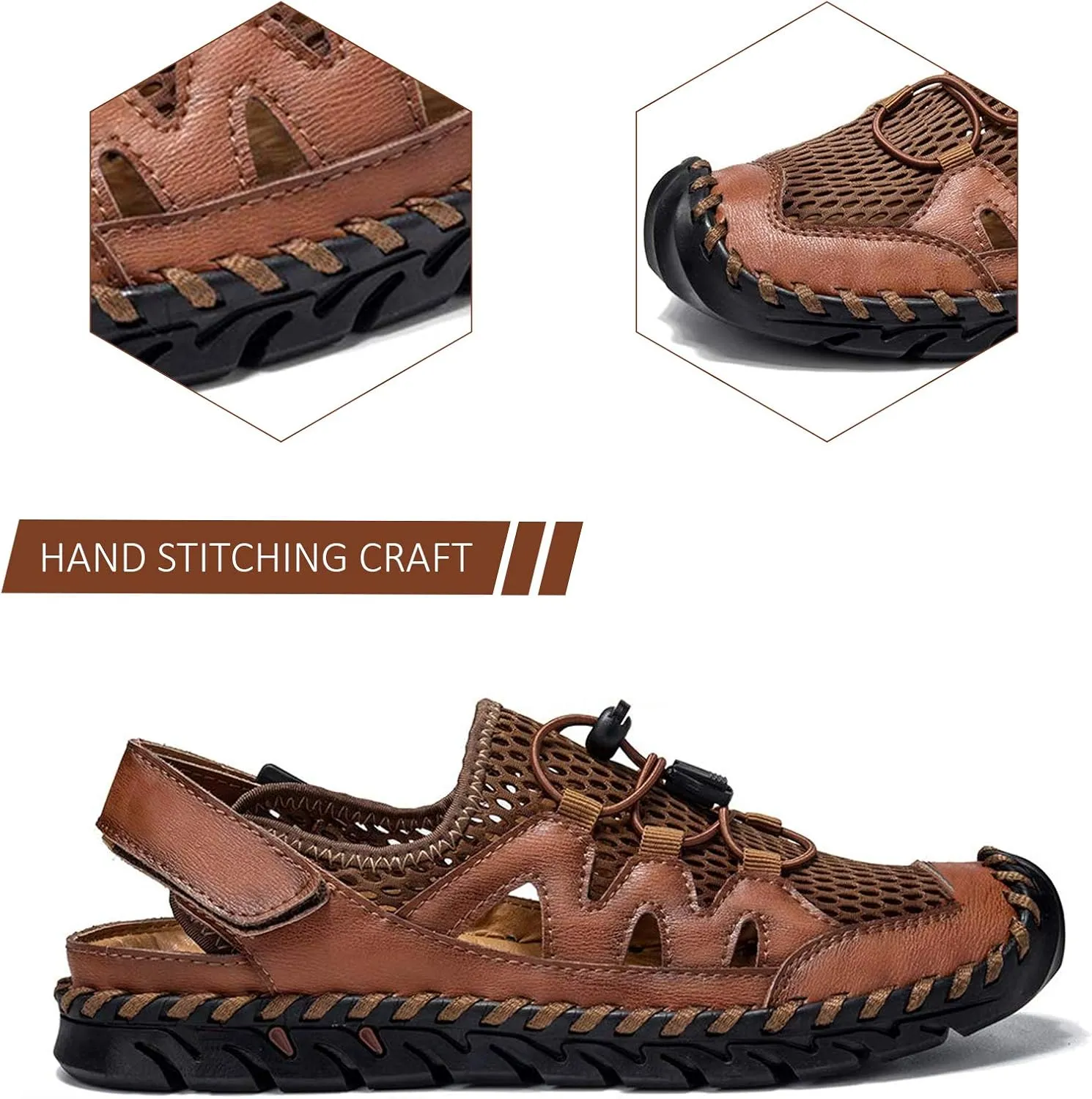 Men's Sandals, Summer Leather Fisherman Beach Shoes Closed Toe Sandals for Men Handmade Breathable Water Sandals Outdoor Non Slip Walking Shoes Anti Collision Comfort Hiking Athletic Slides Sandals