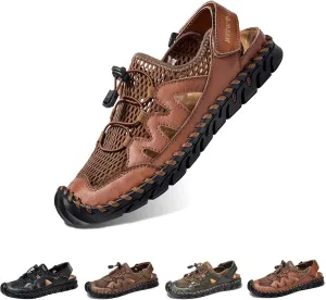 Men's Sandals, Summer Leather Fisherman Beach Shoes Closed Toe Sandals for Men Handmade Breathable Water Sandals Outdoor Non Slip Walking Shoes Anti Collision Comfort Hiking Athletic Slides Sandals