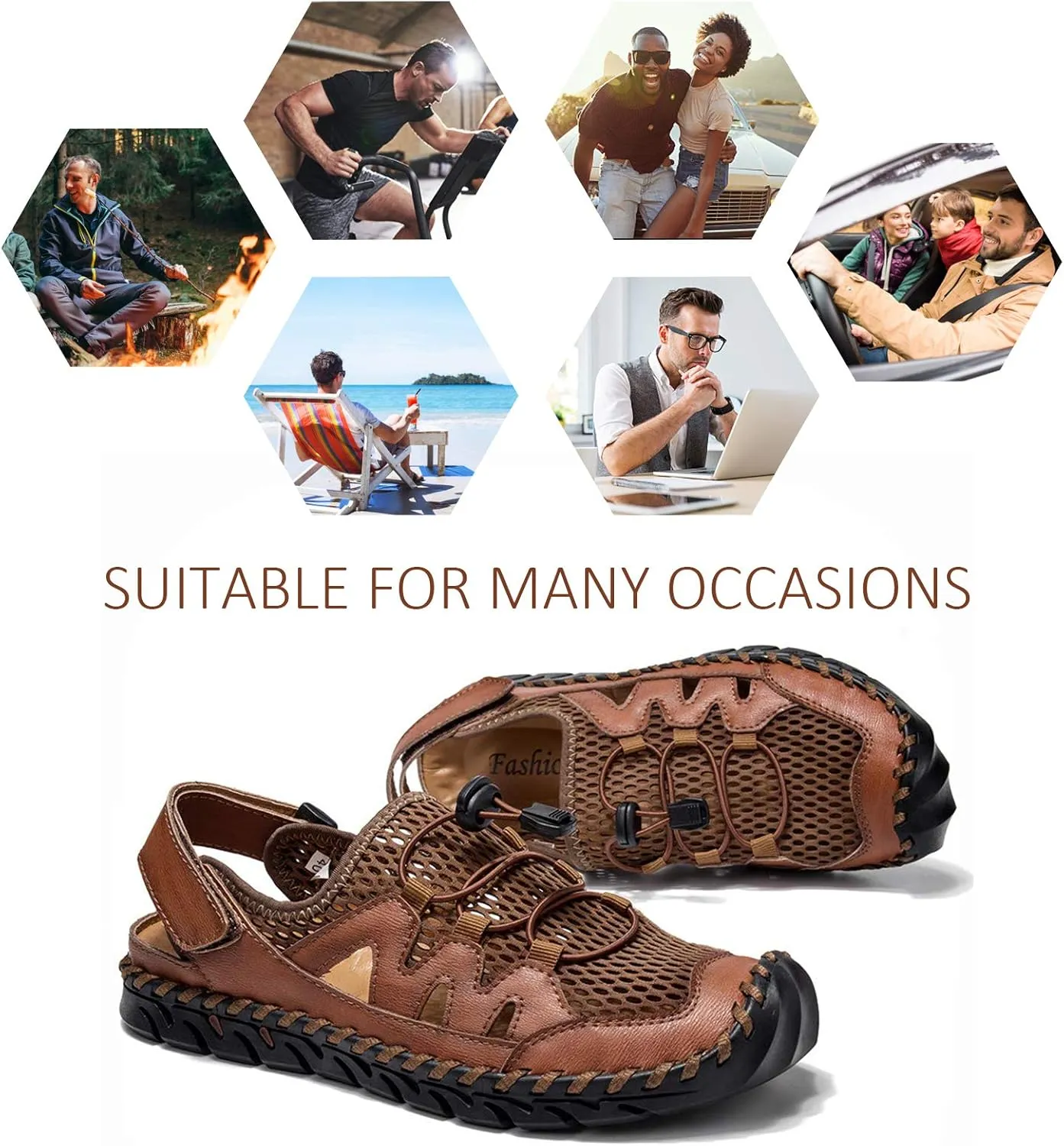 Men's Sandals, Summer Leather Fisherman Beach Shoes Closed Toe Sandals for Men Handmade Breathable Water Sandals Outdoor Non Slip Walking Shoes Anti Collision Comfort Hiking Athletic Slides Sandals