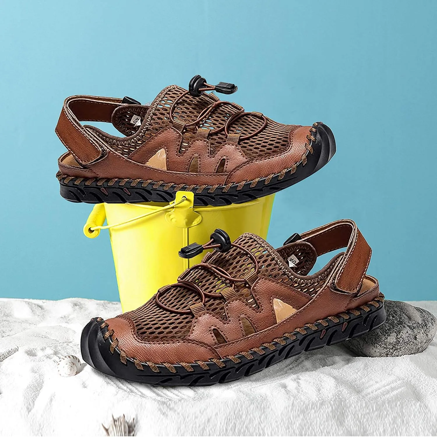 Men's Sandals, Summer Leather Fisherman Beach Shoes Closed Toe Sandals for Men Handmade Breathable Water Sandals Outdoor Non Slip Walking Shoes Anti Collision Comfort Hiking Athletic Slides Sandals