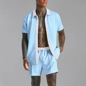 Mens Shirt and Shorts Set  Cotton Blend  Relaxed Fit  Button-Down  Elastic Waist