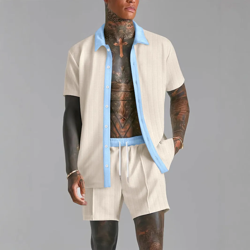 Mens Shirt and Shorts Set  Cotton Blend  Relaxed Fit  Button-Down  Elastic Waist