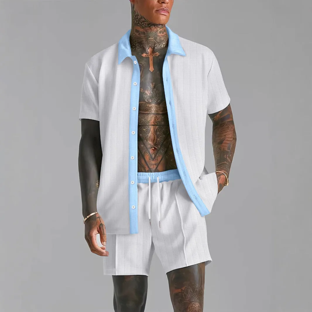 Mens Shirt and Shorts Set  Cotton Blend  Relaxed Fit  Button-Down  Elastic Waist