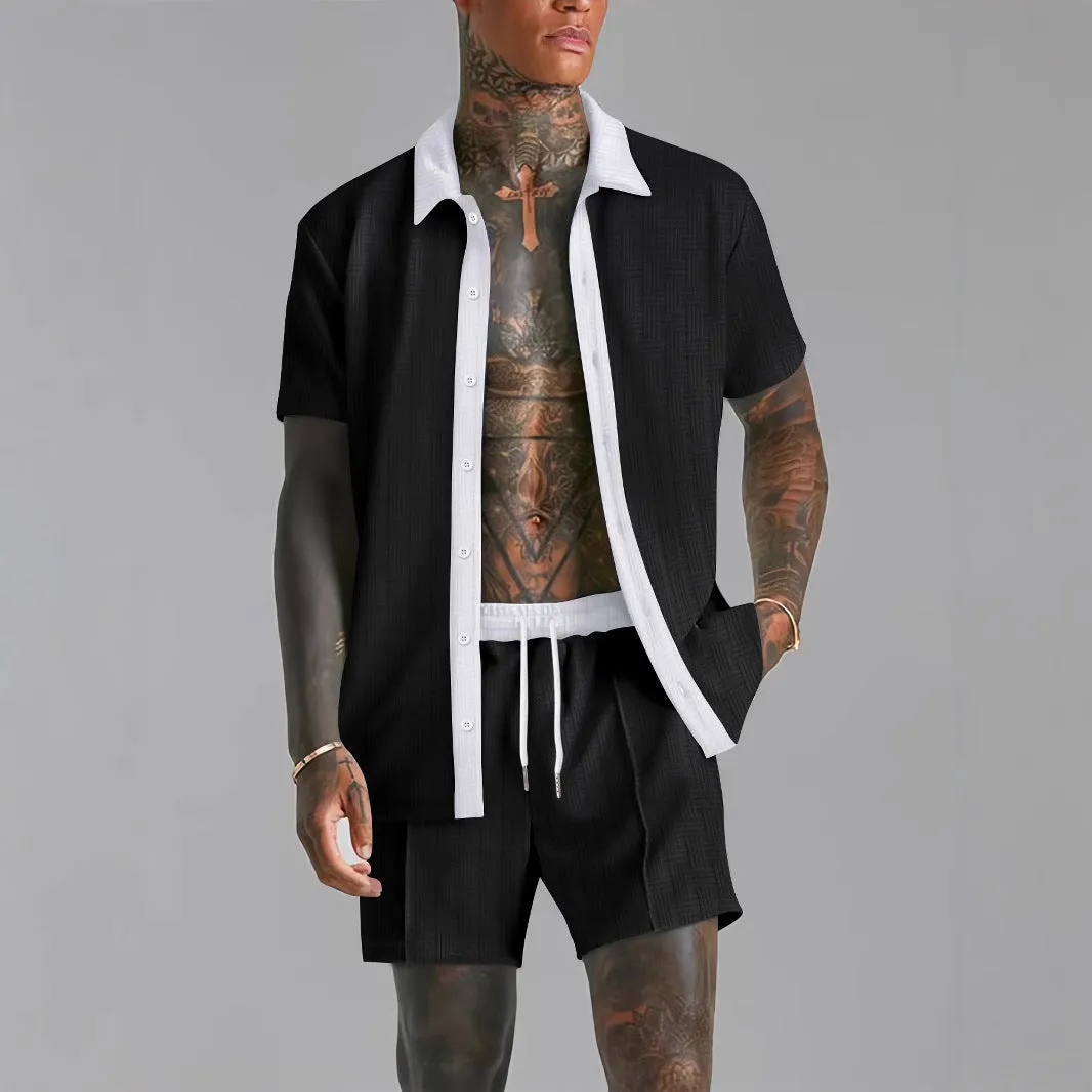 Mens Shirt and Shorts Set  Cotton Blend  Relaxed Fit  Button-Down  Elastic Waist