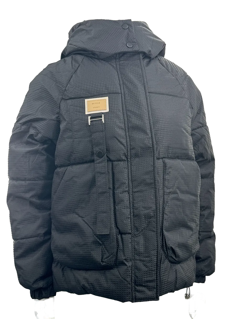 MPJ25002 Men's Textured Nylon Padded Jacket in Black with a Tan Badge