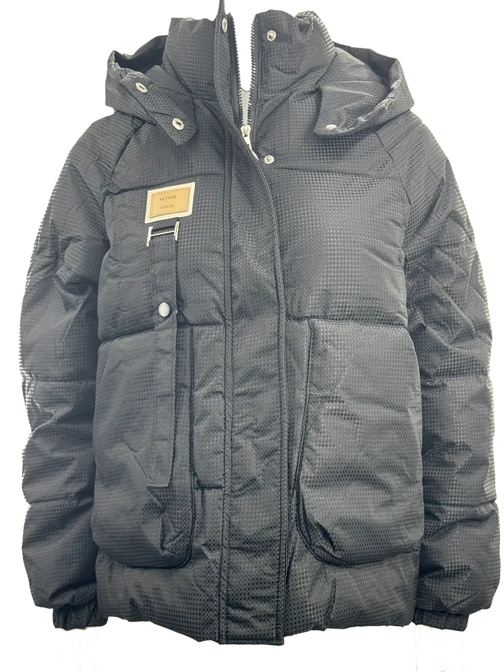MPJ25002 Men's Textured Nylon Padded Jacket in Black with a Tan Badge