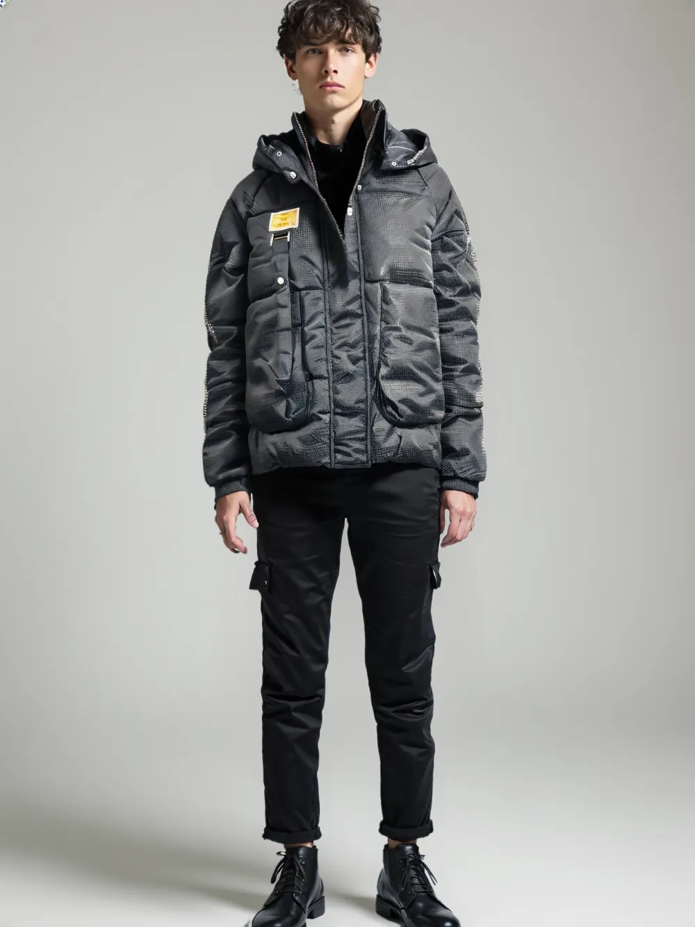MPJ25002 Men's Textured Nylon Padded Jacket in Black with a Tan Badge