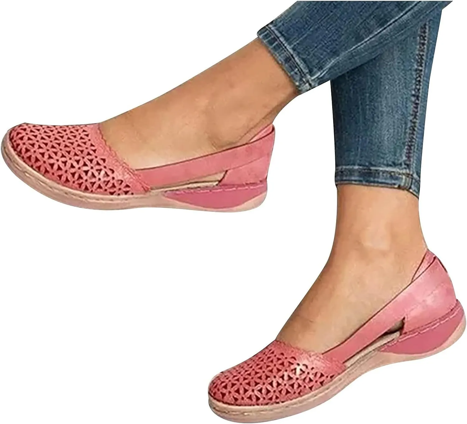 Orthopedic Sandals for Women Summer Round Closed Toe Low Heel Sandals Fashion Casual Hollow Ballet Flats Slip On Loafers Lightweight Breathable Walking Shoes Comfy Wedge Sandalias