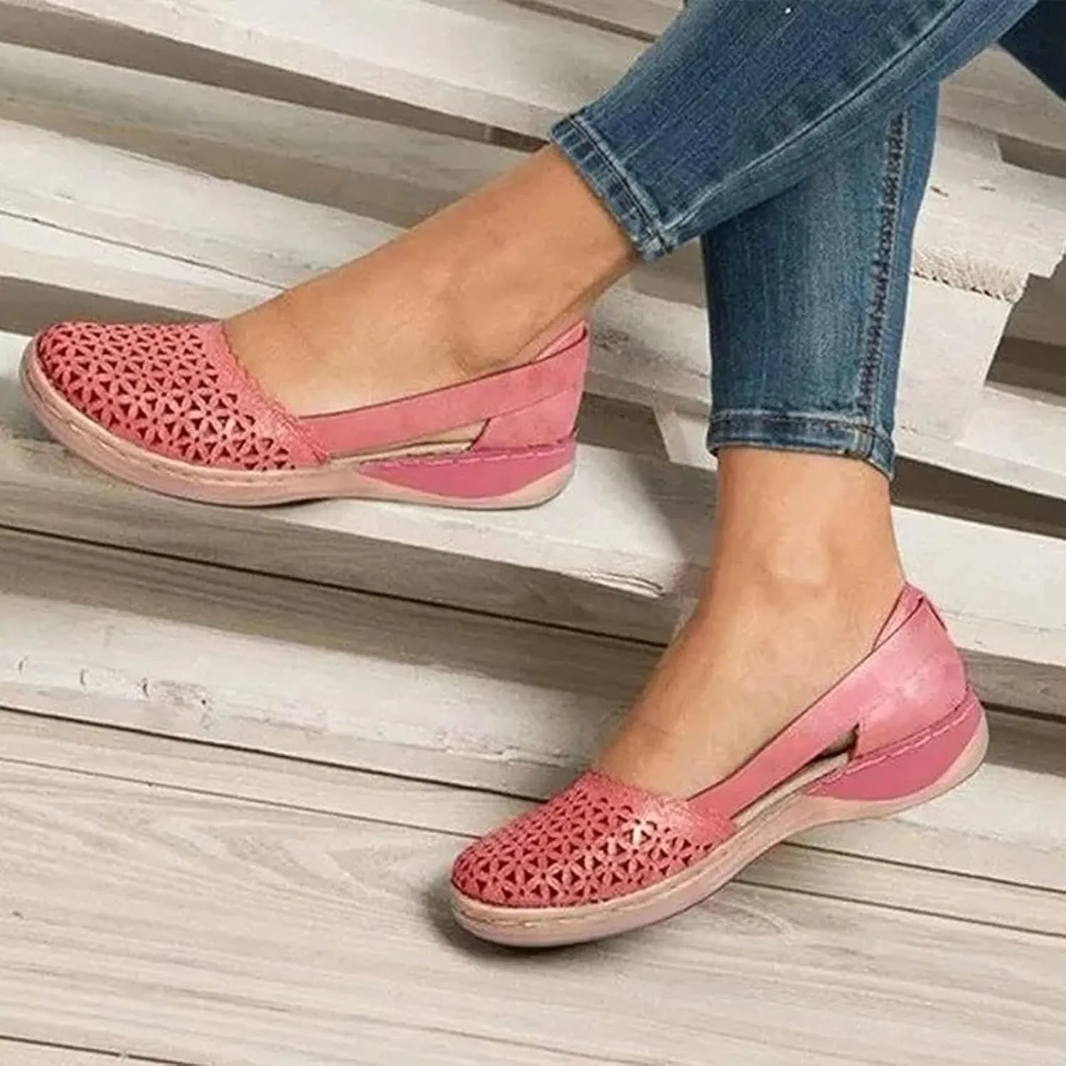 Orthopedic Sandals for Women Summer Round Closed Toe Low Heel Sandals Fashion Casual Hollow Ballet Flats Slip On Loafers Lightweight Breathable Walking Shoes Comfy Wedge Sandalias