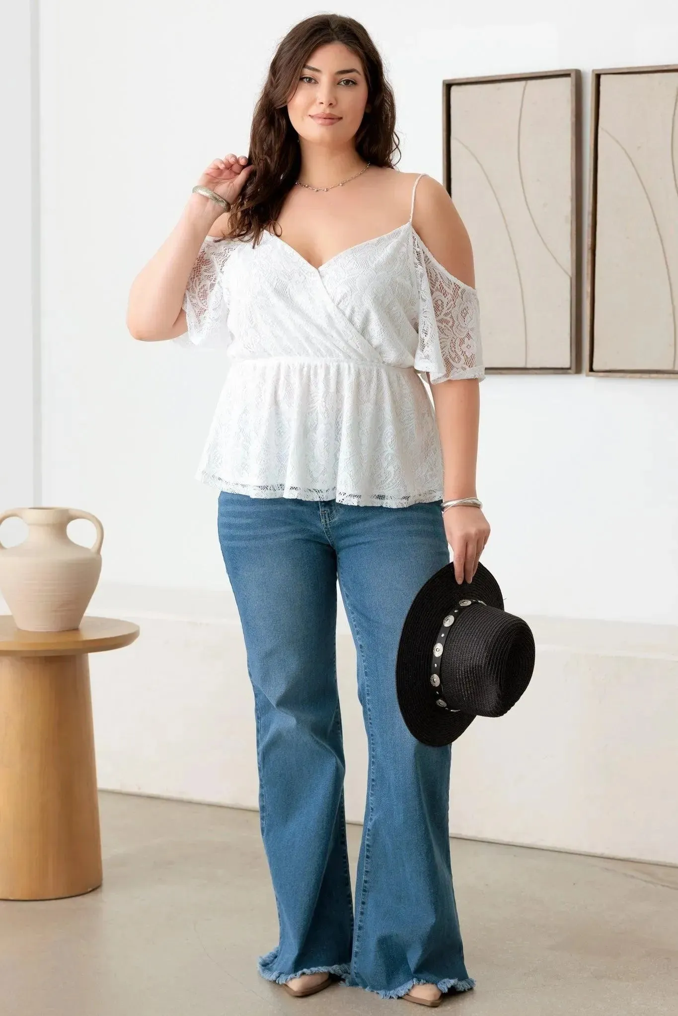 Plus Size Blue Cotton Frayed Hem Flare Denim Jeans