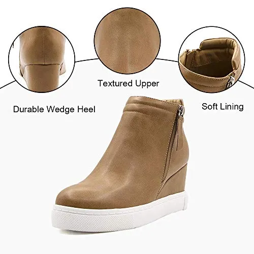 softome Women's Wedge Sneakers Hidden Wedge Sneakers Double Side Zipper Platform Ankle Booties Brown Size 8.5