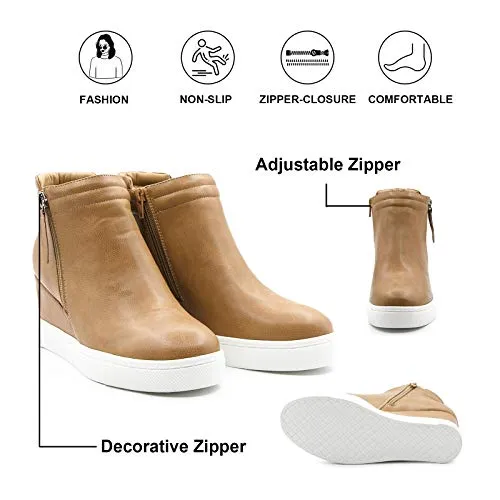 softome Women's Wedge Sneakers Hidden Wedge Sneakers Double Side Zipper Platform Ankle Booties Brown Size 8.5