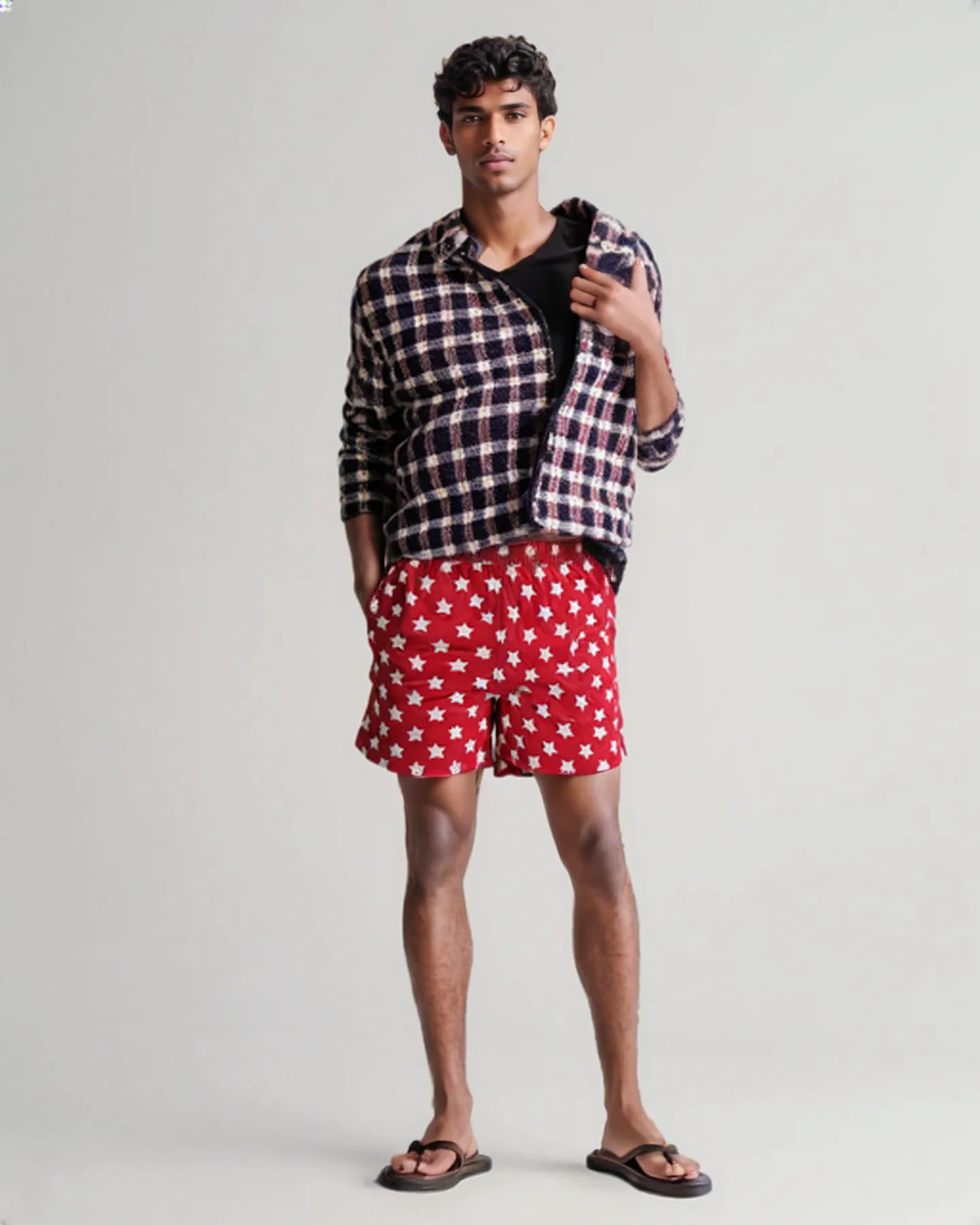 SWS25002 100% Polyester Men's Swim Shorts in Red with White Star print