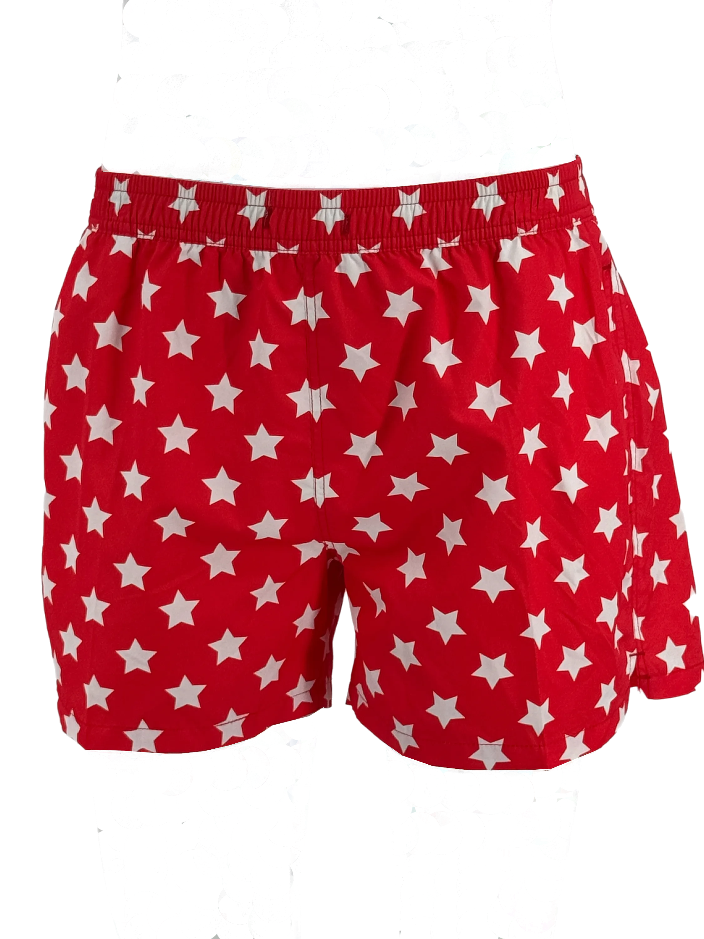 SWS25002 100% Polyester Men's Swim Shorts in Red with White Star print