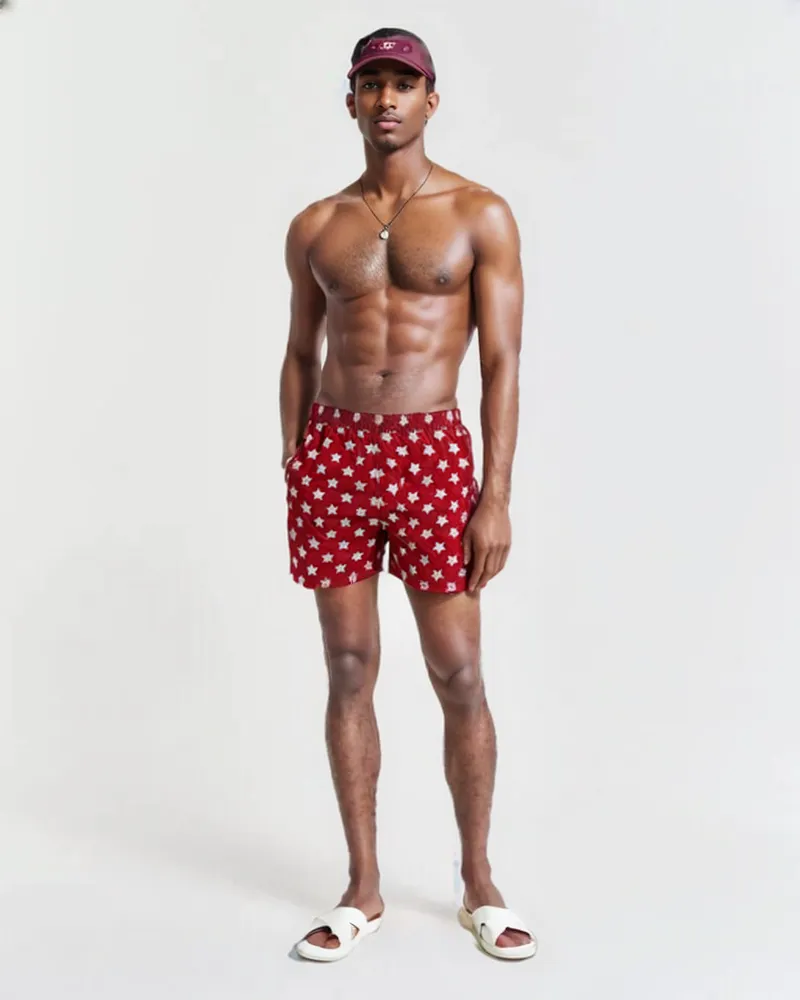 SWS25002 100% Polyester Men's Swim Shorts in Red with White Star print