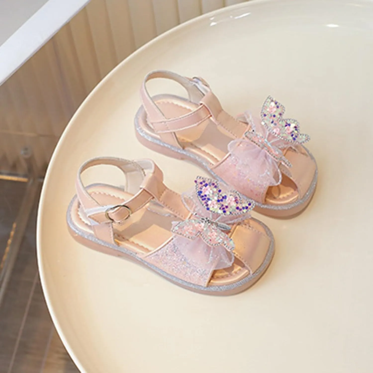 Toddler Girls Princess Shoes Glitter Butterfly Dress Sandals with Tulle Girls Closed Toe Sandals for Wedding ay