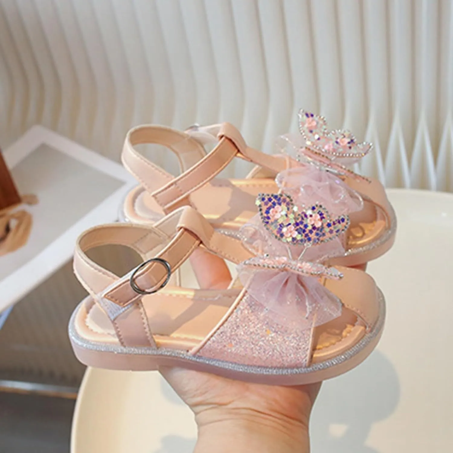 Toddler Girls Princess Shoes Glitter Butterfly Dress Sandals with Tulle Girls Closed Toe Sandals for Wedding ay