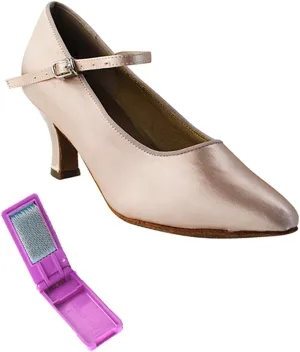 Very Fine Dance Shoes - Ladies Standard, Smooth Ballroom Dance Shoes - SERA5522-2.5-inch Heel and Foldable Brush Bundle - Flesh Satin - 10
