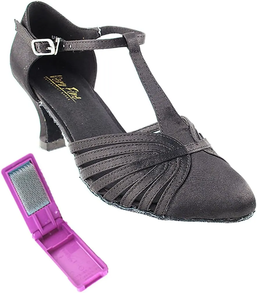 Very Fine Dance Shoes - Ladies Standard, Smooth, Waltz Ballroom Dance Shoes - 6829-2.5-inch Heel and Foldable Brush Bundle - Black Satin - 6