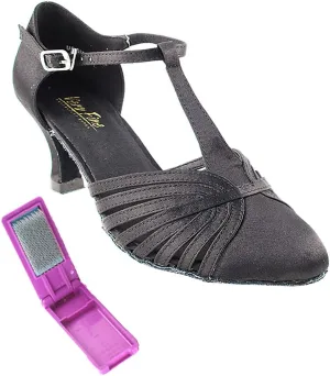 Very Fine Dance Shoes - Ladies Standard, Smooth, Waltz Ballroom Dance Shoes - 6829-2.5-inch Heel and Foldable Brush Bundle - Black Satin - 6