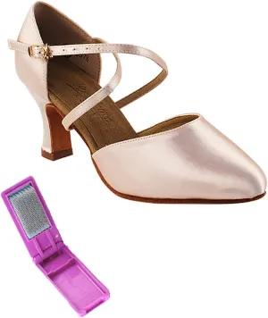 Very Fine Dance Shoes - Ladies Standard, Smooth, Waltz Ballroom Dance Shoes - C9691-2.5-inch Heel and Foldable Brush Bundle - Flesh Satin - 5.5