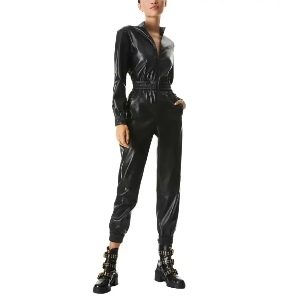Vintage Black Smocked Waist Leather Jumpsuit for Women – Stylish & Chic