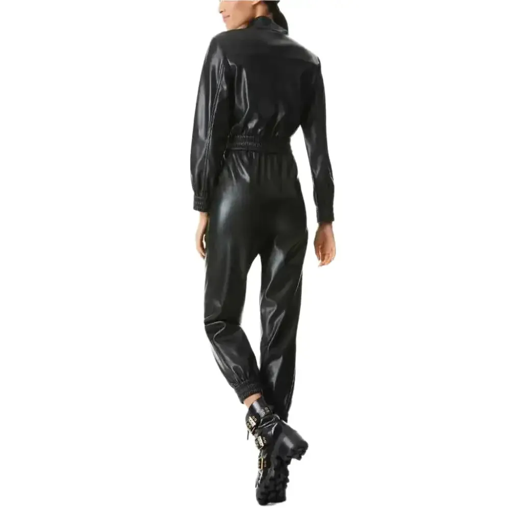 Vintage Black Smocked Waist Leather Jumpsuit for Women – Stylish & Chic