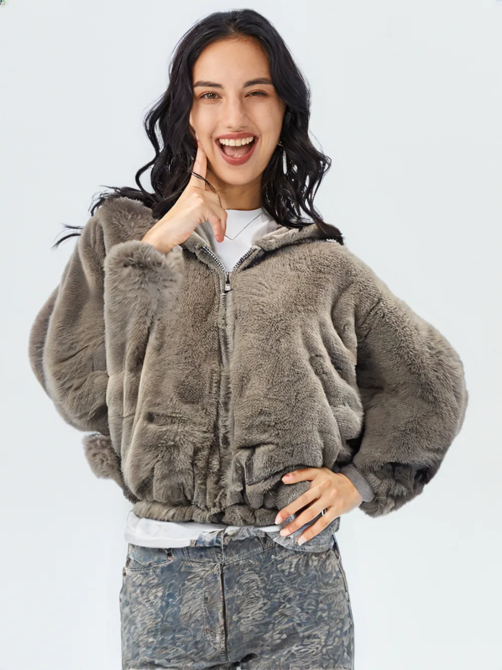 WHO25001 100% Polyester Fur Women's Hooded Jacket