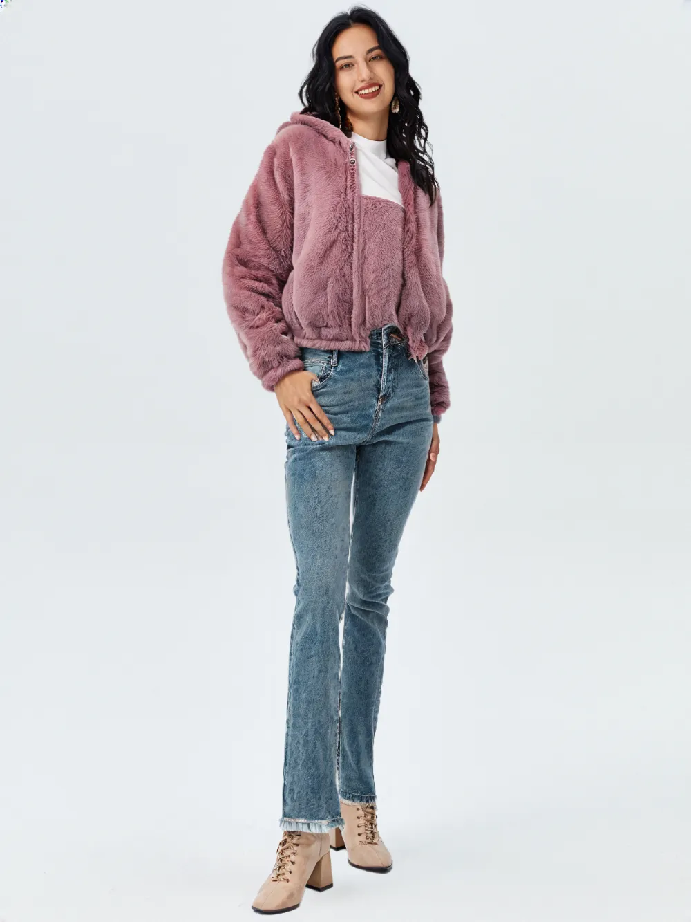 WHO25001 100% Polyester Fur Women's Hooded Jacket