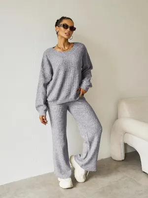 Women's Black Cozy Knit Scoop Neck Long Sleeve Loose Top & Stretch Trousers Co-ord