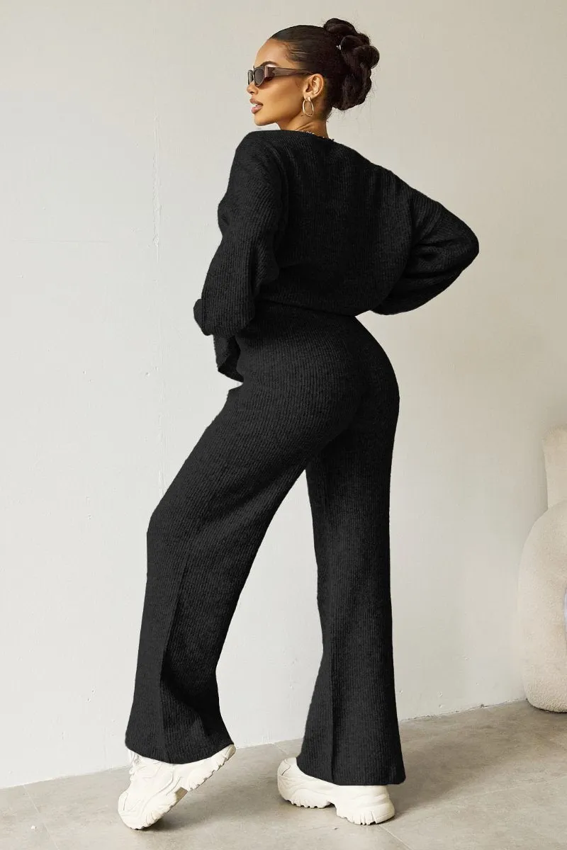Women's Black Cozy Knit Scoop Neck Long Sleeve Loose Top & Stretch Trousers Co-ord