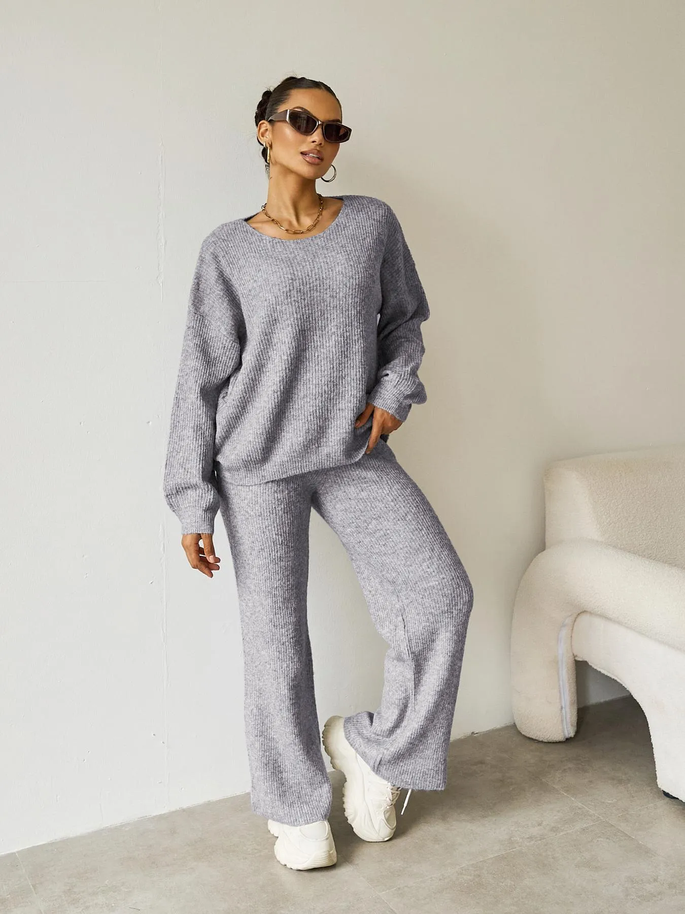 Women's Black Cozy Knit Scoop Neck Long Sleeve Loose Top & Stretch Trousers Co-ord
