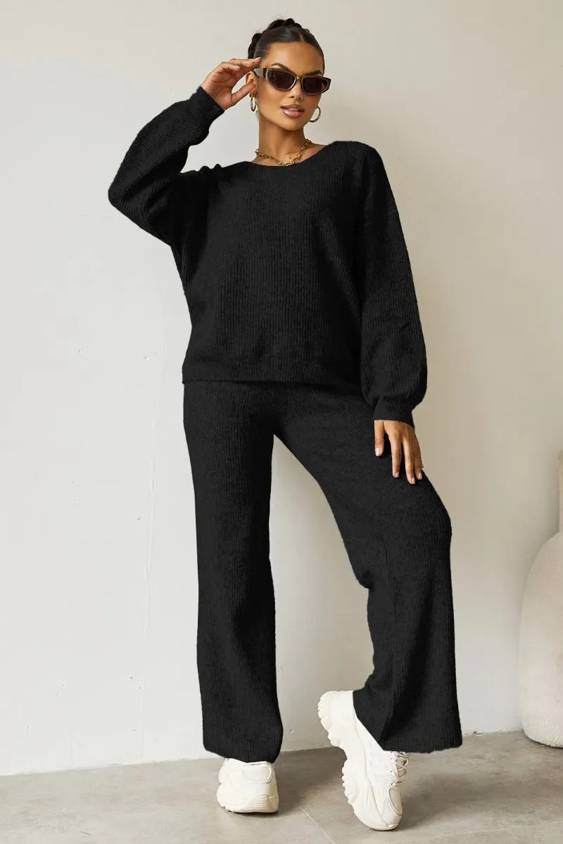 Women's Black Cozy Knit Scoop Neck Long Sleeve Loose Top & Stretch Trousers Co-ord