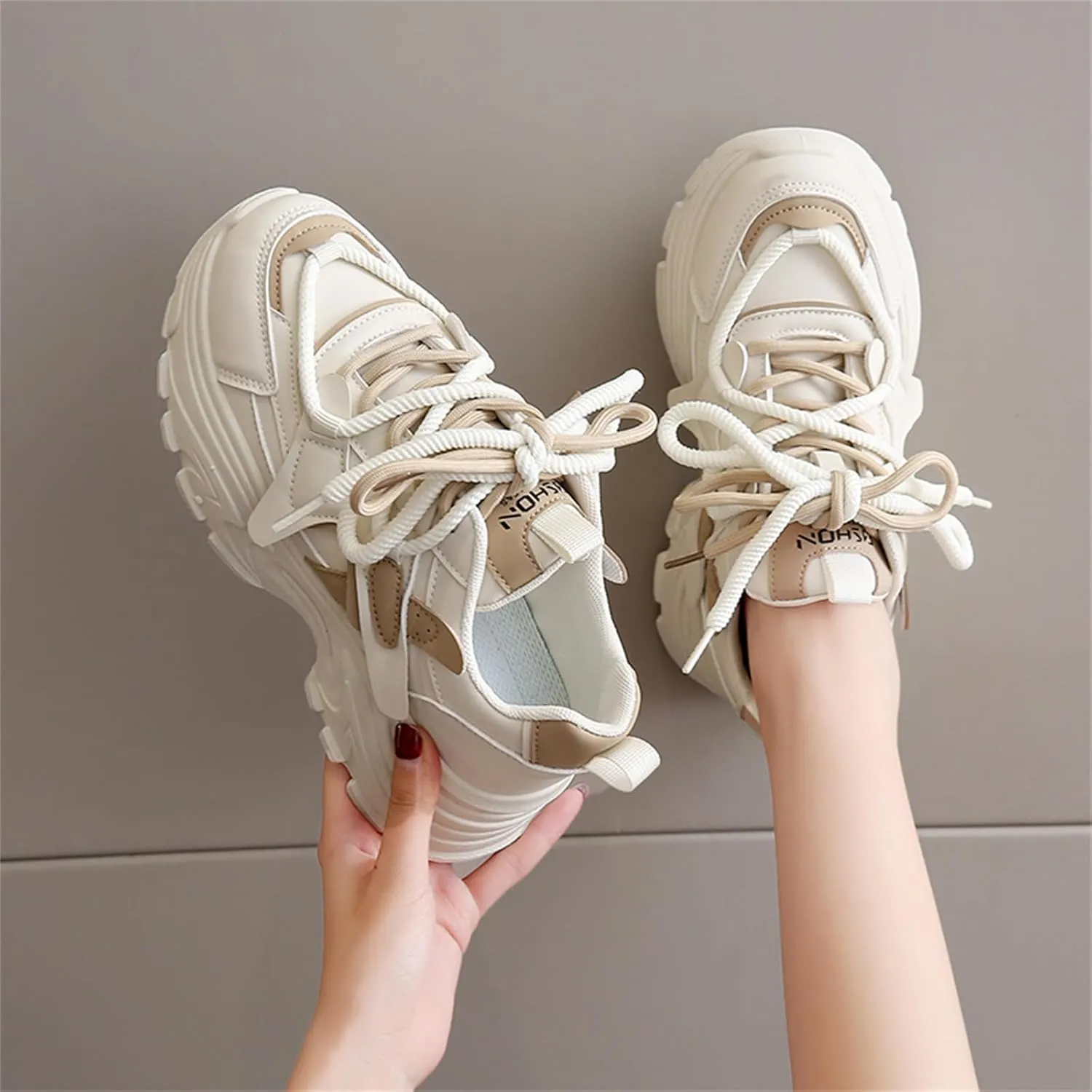 Womens Fashion Leather Lace Up Chunky Sneakers Lightweight Non-Slip Round Toe Walking Driving Shoes for Workout Daily Journey