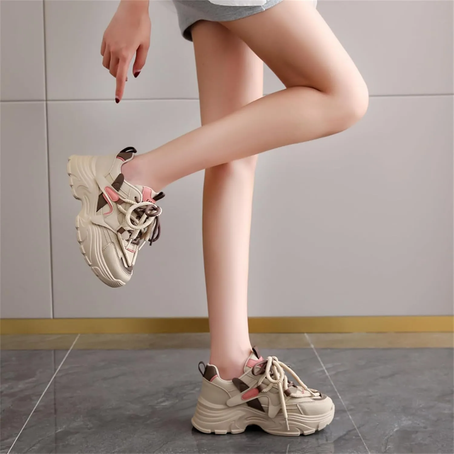 Womens Fashion Leather Lace Up Chunky Sneakers Lightweight Non-Slip Round Toe Walking Driving Shoes for Workout Daily Journey